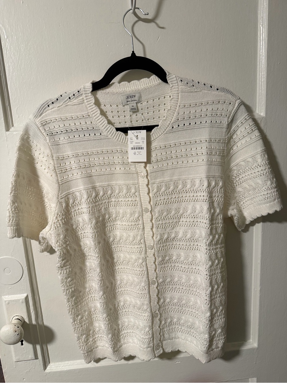 J. Crew Women’s Cream Short-Sleeve Pointelle Knit 100% Cotton Cardigan Size XL